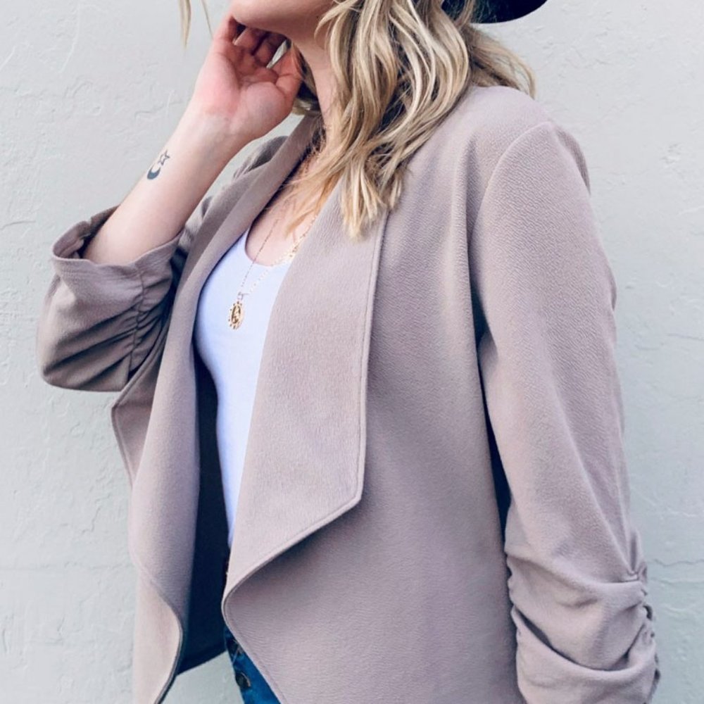 Solid Khaki Open Waterfall Blazer With 3/4 Sleeves
